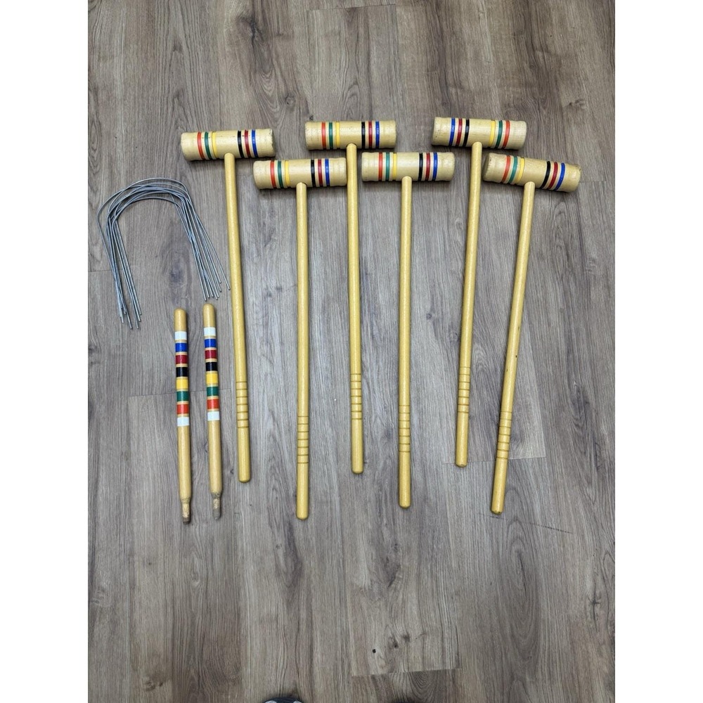 VTG Forster Wooden Croquet 24"Mallets Set of 6 Stripe Lawn 9 Stakes 2 Markers